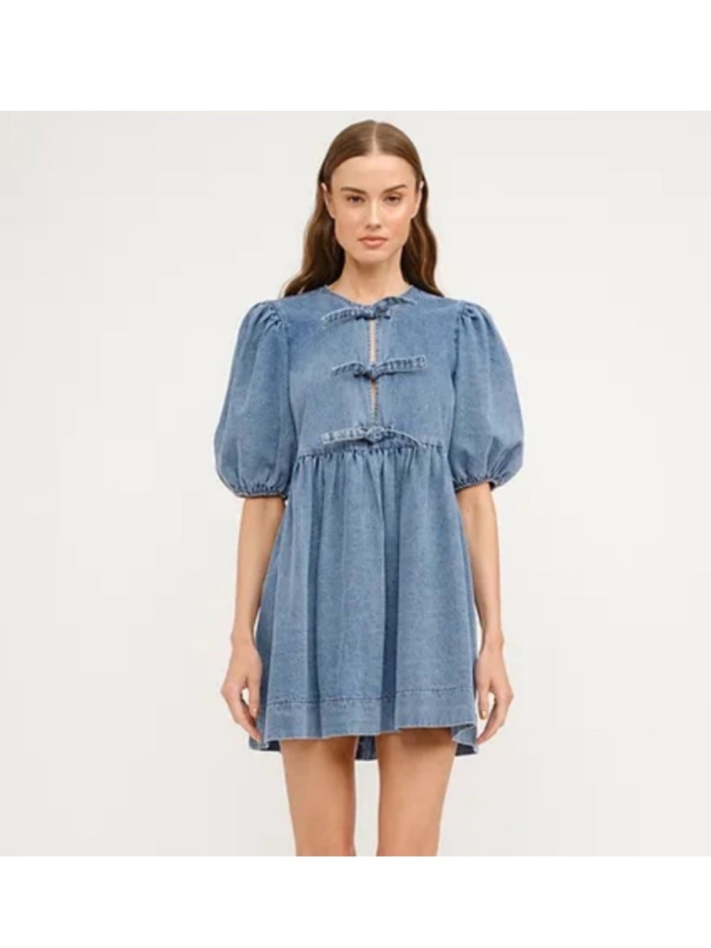 Denim Puff-Sleeve Mini Dress - Blue